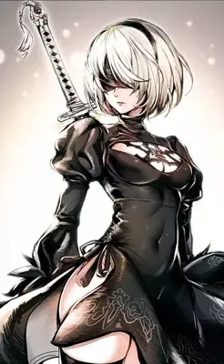 2B from Nier Automata signature combat stance - digital artwork showing android warrior in signature outfit