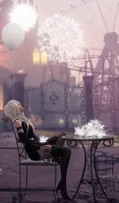 2B from Nier Automata sitting in an abandoned park with a white balloon and fireworks - digital artwork showing android warrior in signature outfit