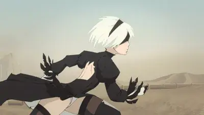 2B from Nier Automata sprinting across the desert - digital artwork showing android warrior in signature outfit