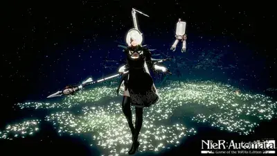 2B from Nier Automata standing in a field of glowing flowers - digital artwork showing android warrior in signature outfit