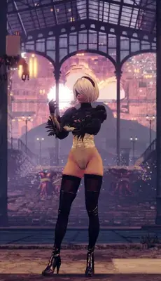 2B from Nier Automata standing in industrial ruins - digital artwork showing android warrior in signature outfit