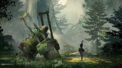 2B from Nier Automata standing before a mossy machine in a forest - digital artwork showing android warrior in signature outfit