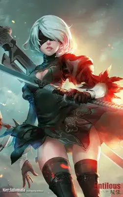 2B from Nier Automata stoic warrior in battle - digital artwork showing android warrior in signature outfit