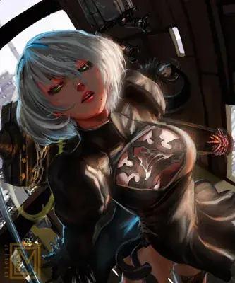 2B from Nier Automata striking portrait - digital artwork showing android warrior in signature outfit