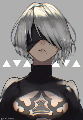 2B from Nier Automata Striking Character Portrait - digital artwork showing android warrior in signature outfit