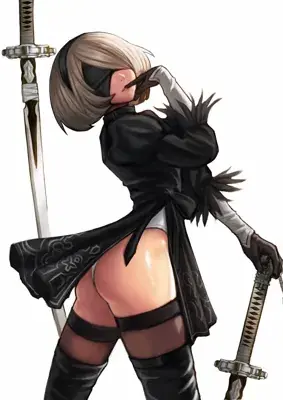 2B from Nier Automata striking combat pose - digital artwork showing android warrior in signature outfit