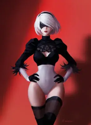 2B from Nier Automata studio portrait - digital artwork showing android warrior in signature outfit