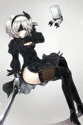 2B from Nier Automata posing with her sword and Pod - digital artwork showing android warrior in signature outfit