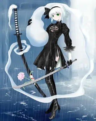 2B from Nier Automata stylized rain illustration - digital artwork showing android warrior in signature outfit