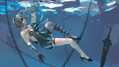 2B from Nier Automata floating underwater with chains - digital artwork showing android warrior in signature outfit
