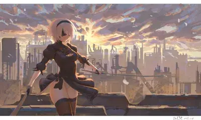 2B from Nier Automata sunset combat stance - digital artwork showing android warrior in signature outfit