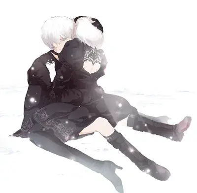 2B and 9S from Nier Automata sharing a sentimental embrace - digital artwork showing android warriors in signature outfits