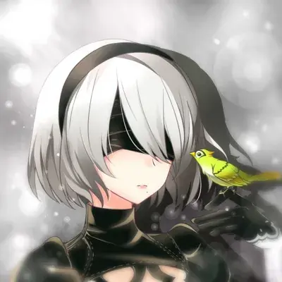 Image of 2B tender encounter with a bird - YoRHa android character art from the video game Nier Automata