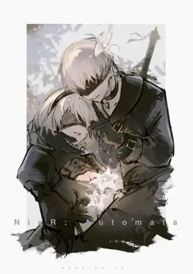 2B from Nier Automata tender moment with 9S - digital artwork showing android warriors in signature outfits