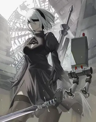 2B from Nier Automata the android standing in an industrial cityscape - digital artwork showing android warrior in signature outfit
