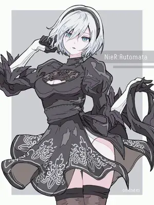 2B from Nier Automata without blindfold - digital artwork showing android warrior in signature outfit