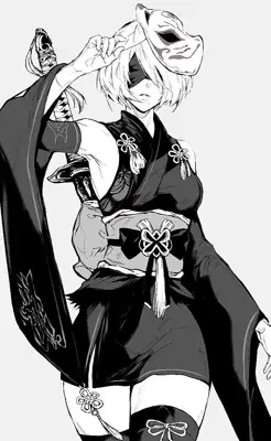 2B from Nier Automata wearing a traditional kimono and kitsune mask - digital artwork showing android warrior in signature outfit