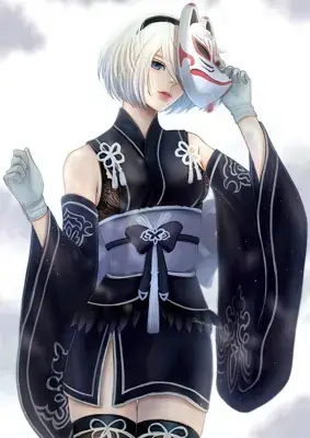 Digital illustration of 2B (YoRHa No.2 Type B) from NieR: Automata wearing a black gothic-lolita kimono and holding a fox mask.