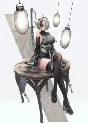 2B from Nier Automata sitting elegantly with a fox mask - digital artwork showing android warrior in signature outfit