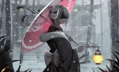 2B from Nier Automata wearing a traditional kimono and kitsune mask in a snowy forest - digital artwork showing android warrior in unique outfit