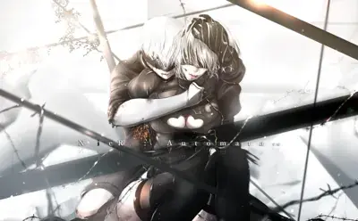 2B and 9S from Nier Automata in a poignant embrace - digital artwork showing android warriors in signature outfits