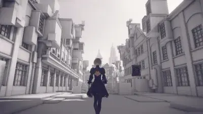 2B from Nier Automata walking through a desolate city - digital artwork showing android warrior in signature outfit
