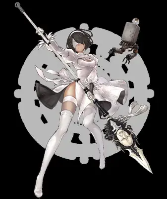 2B from Nier Automata in white outfit with spear - digital artwork showing android warrior in signature outfit