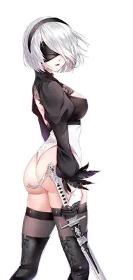 Digital anime-style artwork of 2B from NieR: Automata wearing a black top and white leotard, holding a sword and looking over her shoulder.
