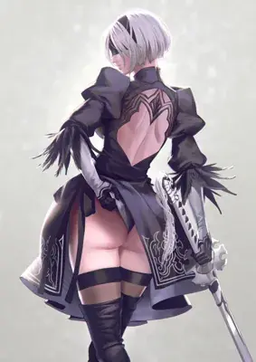 Digital drawing of 2B from NieR:Automata wearing her black dress and blindfold, holding a katana and looking back.