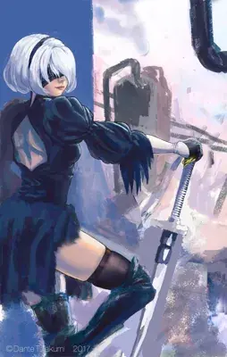 Digital art of 2B from NieR: Automata in a black dress, looking back over her shoulder while leaning on a sword in an industrial setting.