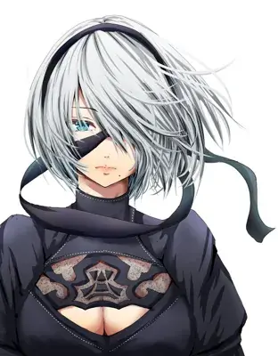 Illustration of 2B, the android protagonist from NieR:Automata, with her white hair and blindfold.