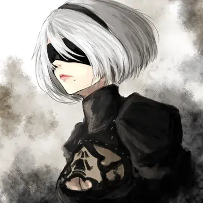 Digital art of 2B from NieR:Automata, wearing her black visor and combat outfit.