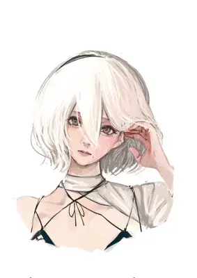 Digital illustration of 2B from NieR:Automata with her white hair and melancholic expression.