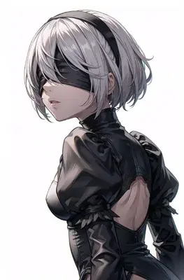 Digital art of 2B from NieR:Automata, wearing her signature black outfit and blindfold.