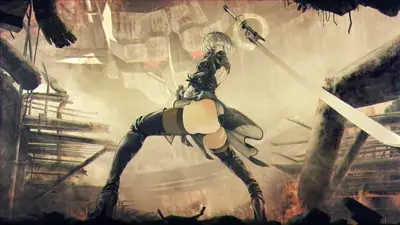 A dynamic low-angle shot of 2B from NieR:Automata, wielding two swords in a post-apocalyptic urban environment, with her iconic outfit and white hair visible.