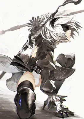 A dynamic illustration of NieR:Automata's 2B in a combat stance, with white hair, black dress, and blindfold, holding a sword.