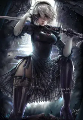Digital painting of 2B from NieR:Automata in a low-angle combat pose holding a sword, wearing her black dress and boots in a dark industrial setting.