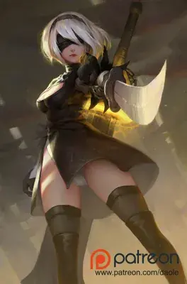 A digital illustration of 2B from NieR:Automata, standing in a heroic low-angle pose with her sword drawn, set against a dark industrial background.