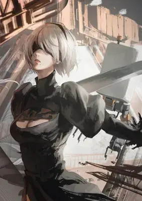 Digital painting of 2B from NieR:Automata standing in a ruined industrial area, wearing her black dress and blindfold, with Pod 042 hovering behind her.