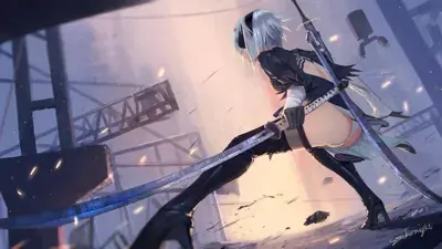 A digital art piece showing the character 2B from NieR:Automata in a low-angle action pose with a sword in a post-apocalyptic industrial setting.