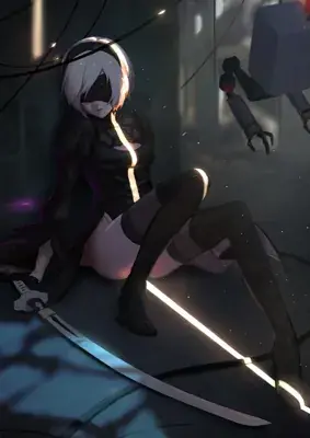 Digital art of NieR:Automata's 2B sitting in a dark industrial hallway with a dramatic beam of light.