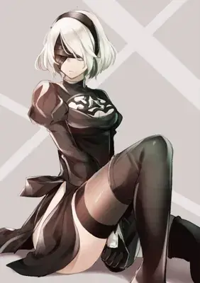 A digital drawing of 2B from NieR: Automata sitting on a grey floor wearing her signature black dress and blindfold.