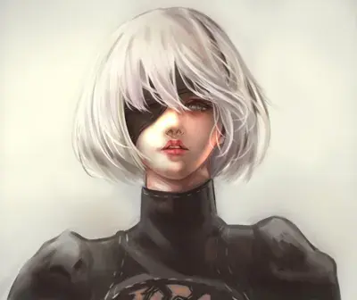 A close-up digital painting of 2B from NieR: Automata, showing her white hair, high-collared black outfit, and one eye visible as her blindfold is pushed aside.