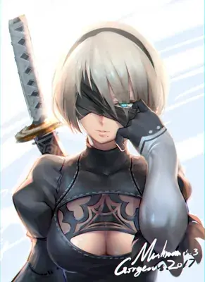 A high-quality digital painting of 2B from NieR: Automata lifting her blindfold to show one blue eye, wearing her classic black dress and holding a sword handle over her shoulder.