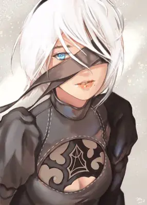 Close-up digital painting of 2B from NieR Automata wearing her black dress and headband, with her blindfold moved to show one blue eye.