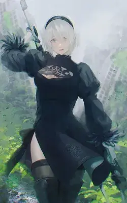 Digital painting of 2B from NieR:Automata without her blindfold, standing in an overgrown ruined city holding a sword.