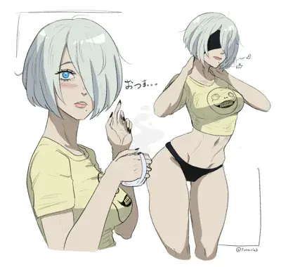 Two sketches of 2B from NieR:Automata in varying states of undress.