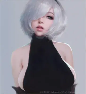 A detailed 3D render of 2B from NieR: Automata, featuring her iconic white hair, black headband, and a black sleeveless outfit against a plain grey background.