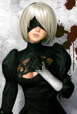 Digital art of 2B from NieR: Automata wearing her black dress and visor, standing in front of a blood-stained wall.
