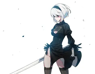 Digital illustration of 2B from NieR: Automata, standing in her black combat dress and blindfold, holding a large sword against a stark white, particle-filled background.